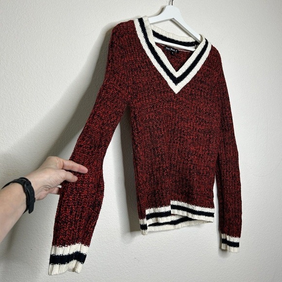 Say What? Red Cream and Black V-neck Varsity Sweater M - Picture 5 of 9